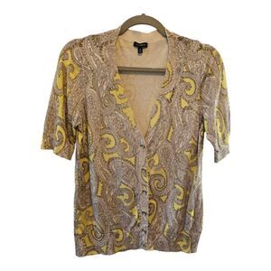 TALBOTS SHORT SLEEVE PAISLEY PRINT CARDIGAN SWEATER YELLOW TAN SIZE MEDIUM